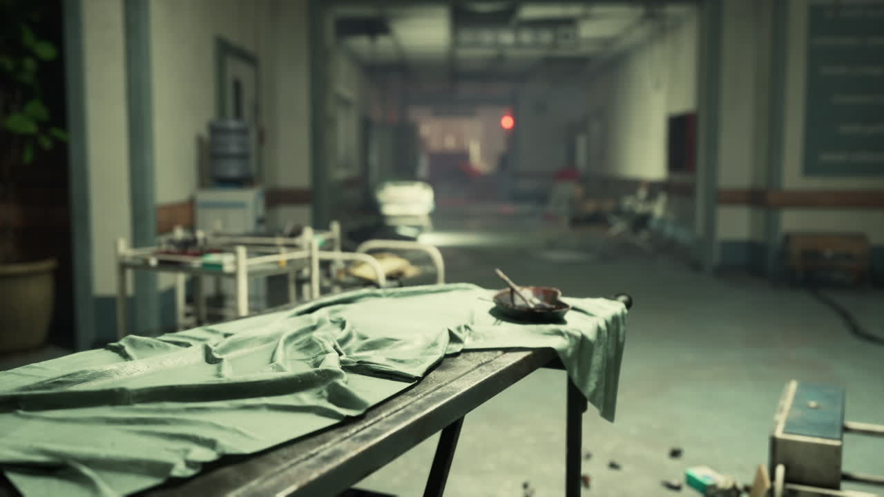 Abandoned hospital hallway with derelict beds and scattered debris