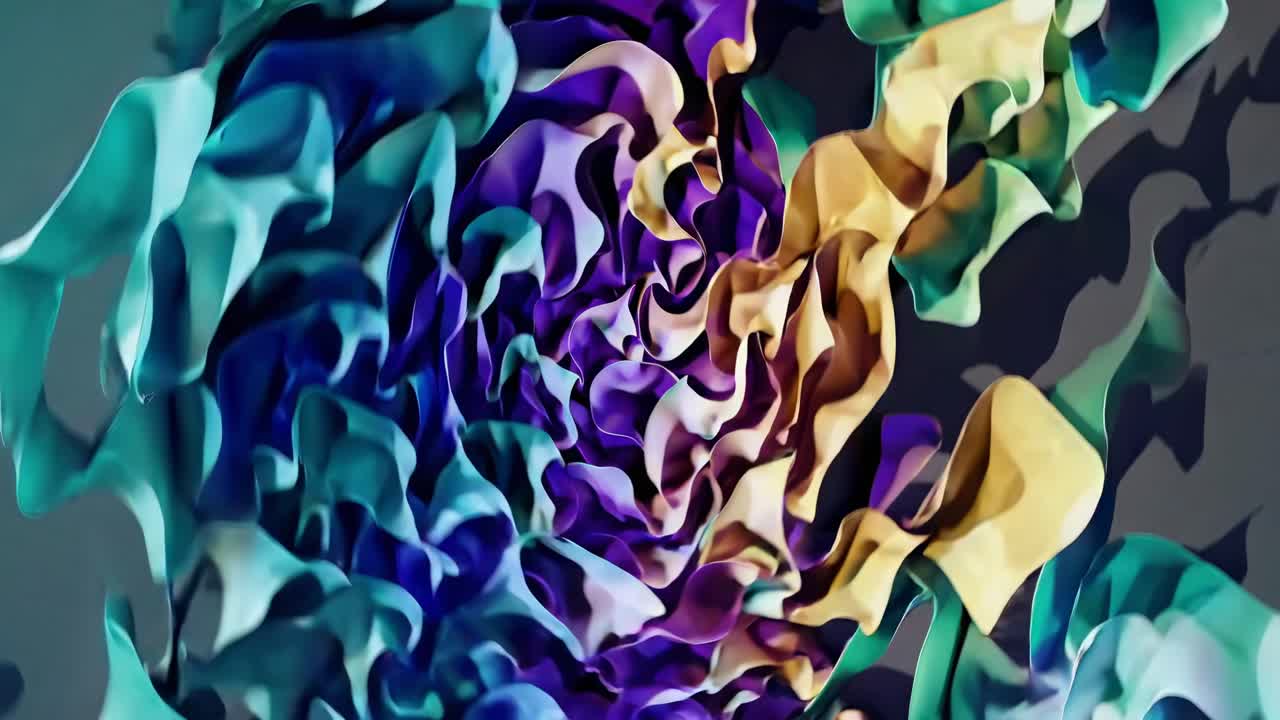 Vídeo de arte abstrata com um padrão rodopiante de formas onduladas e coloridas