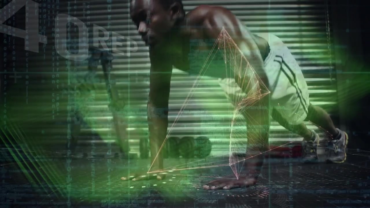 Animation of data on digital screen over afrcan american man doing push ups