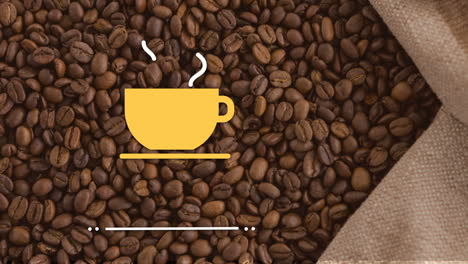 el logotipo de la taza de café amarilla caliente y los granos de café