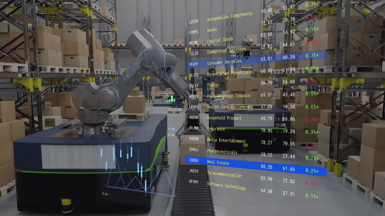 Animation of screen with data processing over warehouse