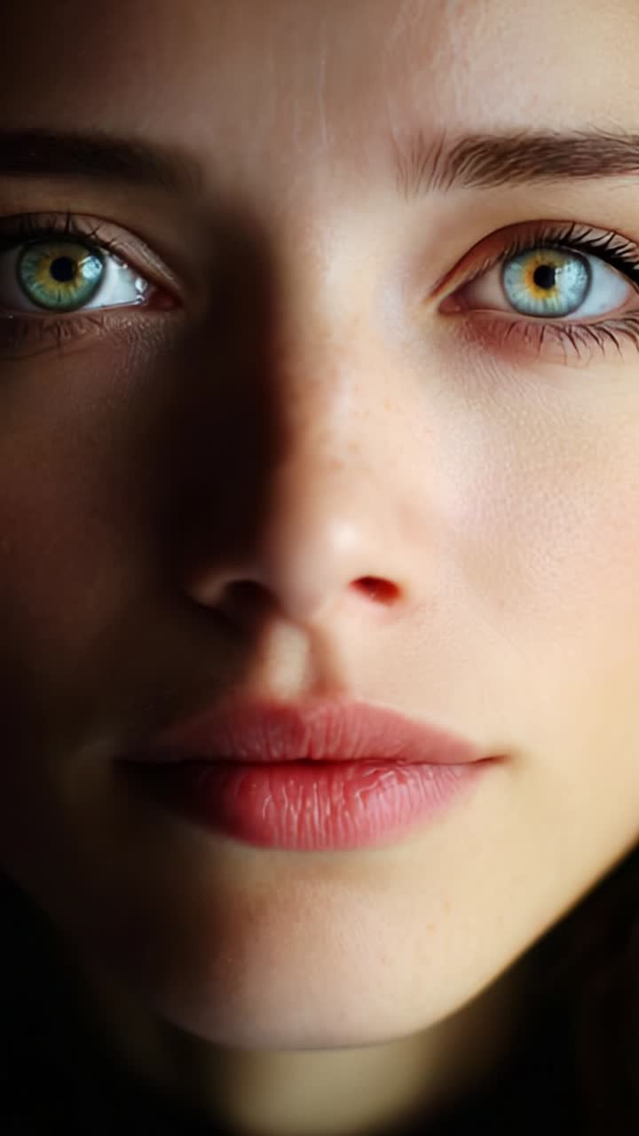 Close-up Portrait of a Young Woman with Striking Green Eyes and Flawless Skin in Perfect Lighting, Capturing Emotion and Beauty in a Stunning Visual Composition