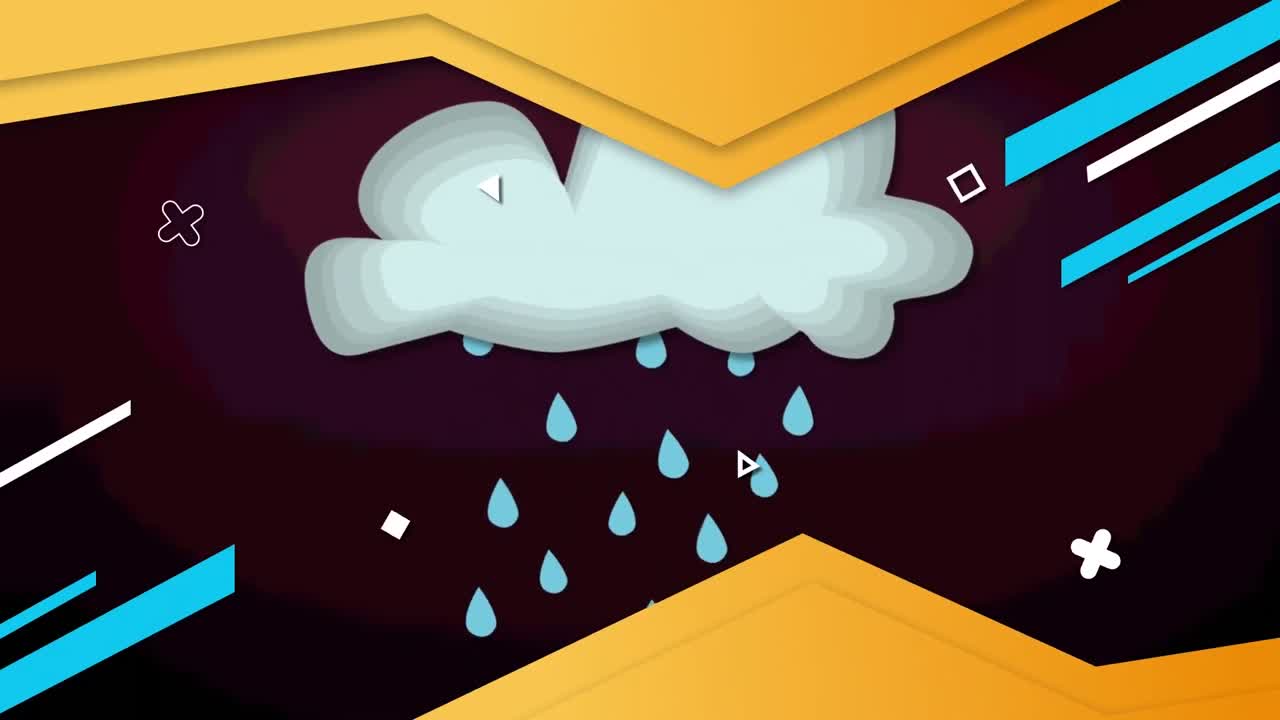 animación de nube con lluvia sobre formas en fondo púrpura