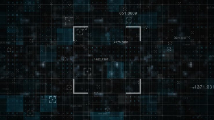 Animation of a white square with numbers over blue and black pixels