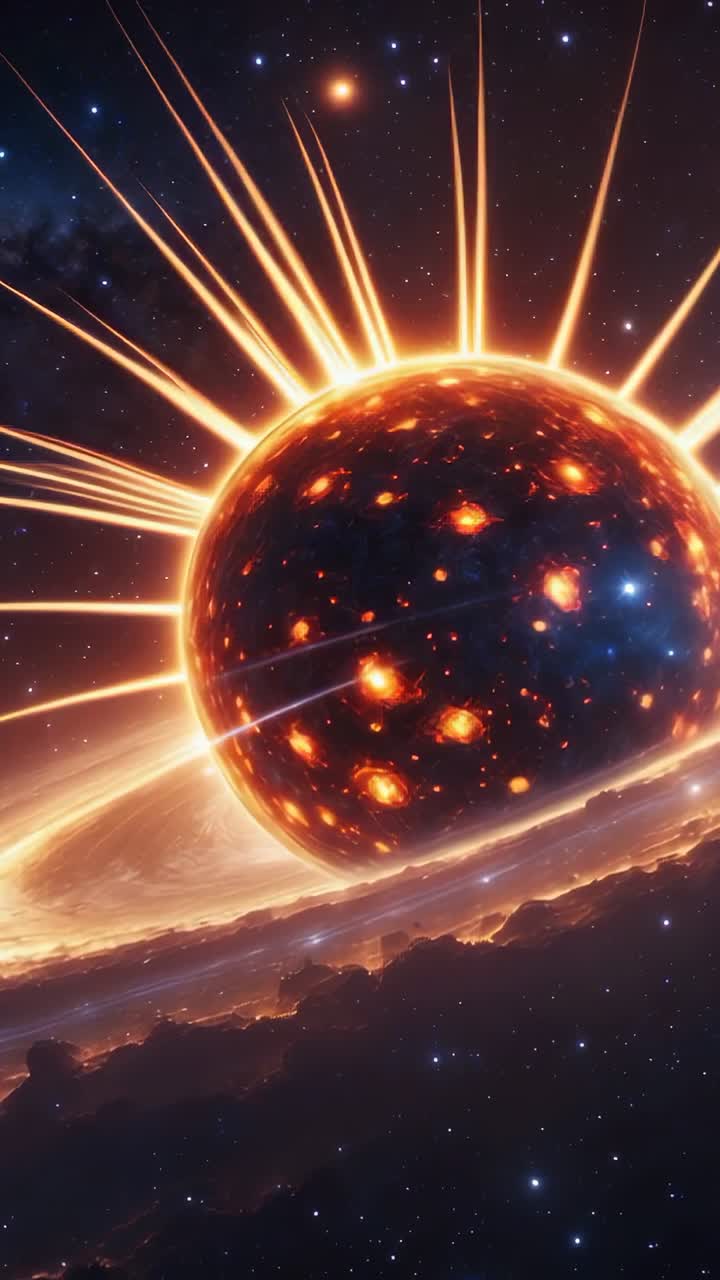 Vertical video: Transforming sphere glowing magma, brightening in space and revealing jets