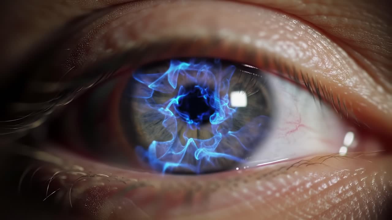 A Stunning Macro View of an Eye with Enigmatic Blue Energy Swirls, Capturing the Intricacies of Human Vision and Vibrant Color Dynamics