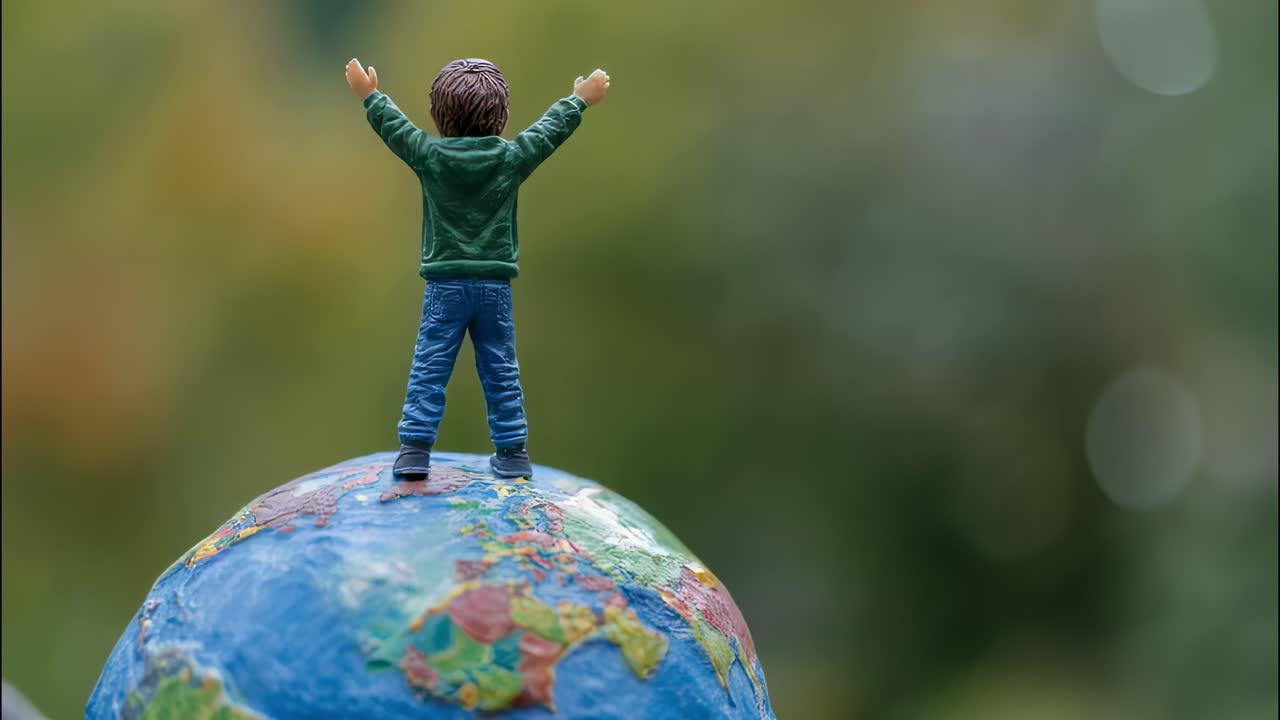 Figurine of a boy standing on top of a small globe with arms raised in a hopeful gesture, symbolizing global unity, environmental awareness, and the potential for a brighter future