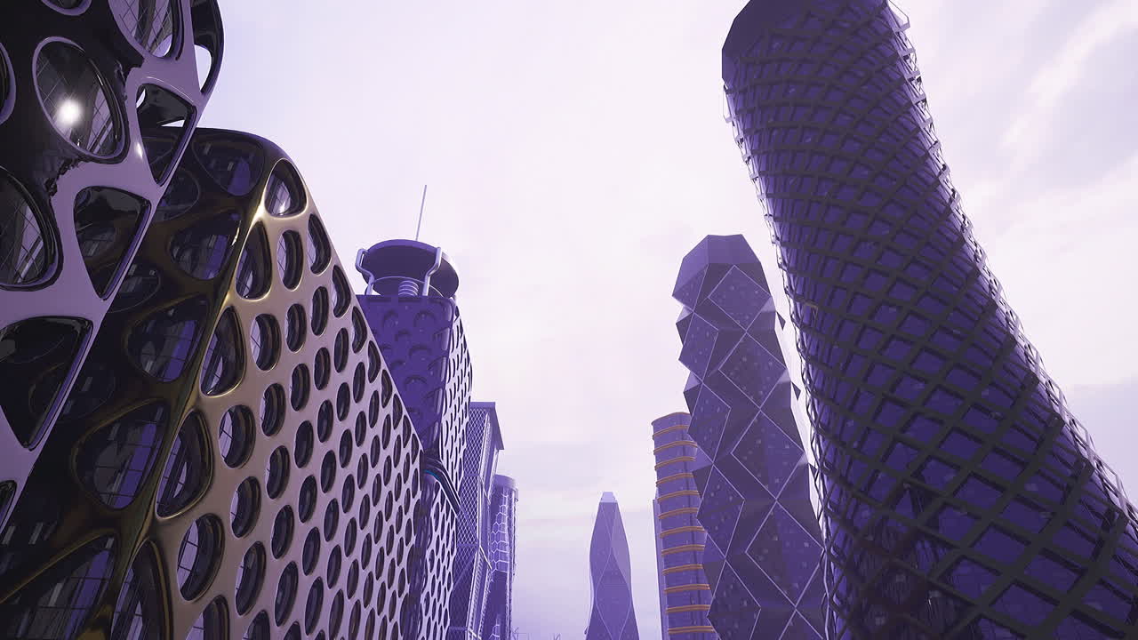 Futuristic urban landscape with unique architecture under a cloudy sky