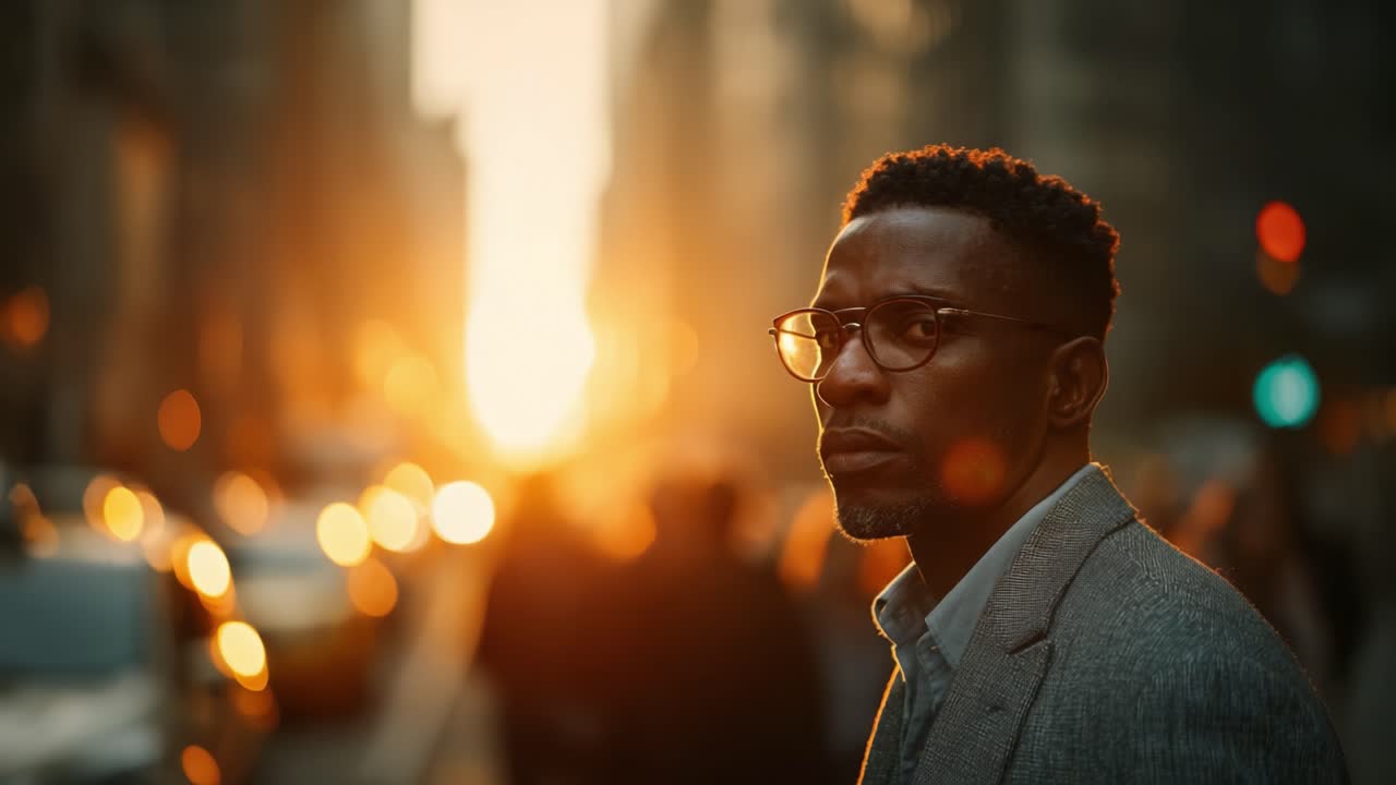 A Thoughtful Man in a Busy Urban Setting Gazes at the Sunset, Capturing a Moment of Reflection Amidst the Haze of City Life and Soaring Emotion
