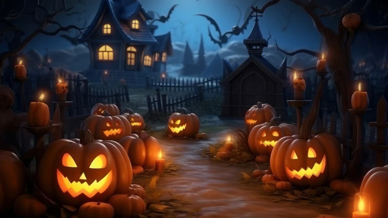Spaventosa scena di Halloween con zucche illuminate che costeggiano un sentiero verso una casa infestata