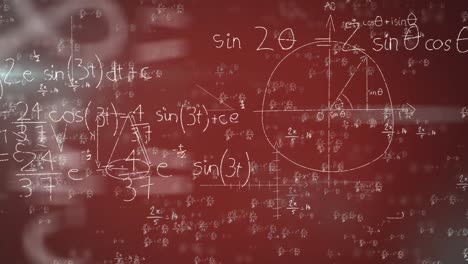 animación de ecuaciones científicas escritas a mano en pantalla roja
