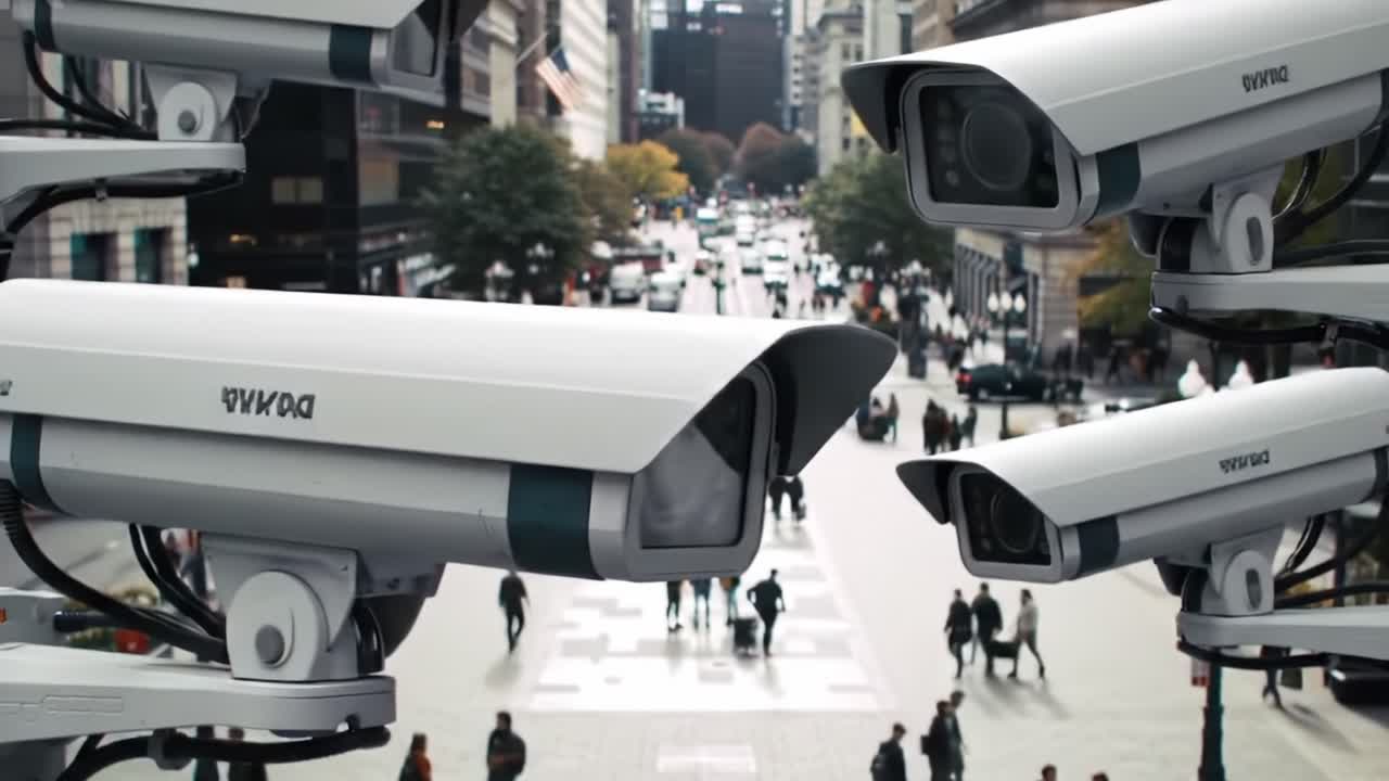 High-Tech Surveillance: A Close-Up View of Advanced Security Cameras Monitoring City Streets and Pedestrian Activity in a Bustling Urban Environment