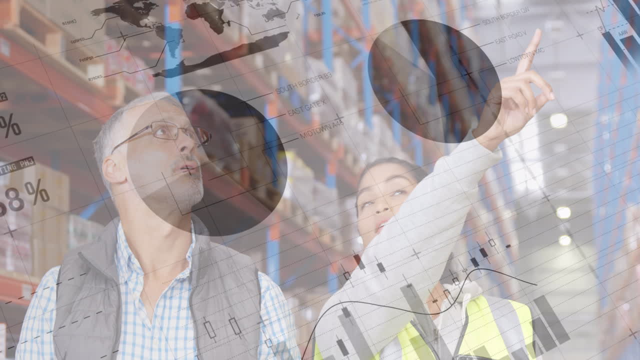 다양한 남성과 여성 감독자에 대한 통계 데이터 처리가 창고에서 재고를 확인합니다.