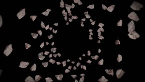volando muchas piedras de roca en fondo negro. explosión de salpicaduras rotas. concepto de desafío. animación 3d de salpicadas de piedra girando. animación de bucle.