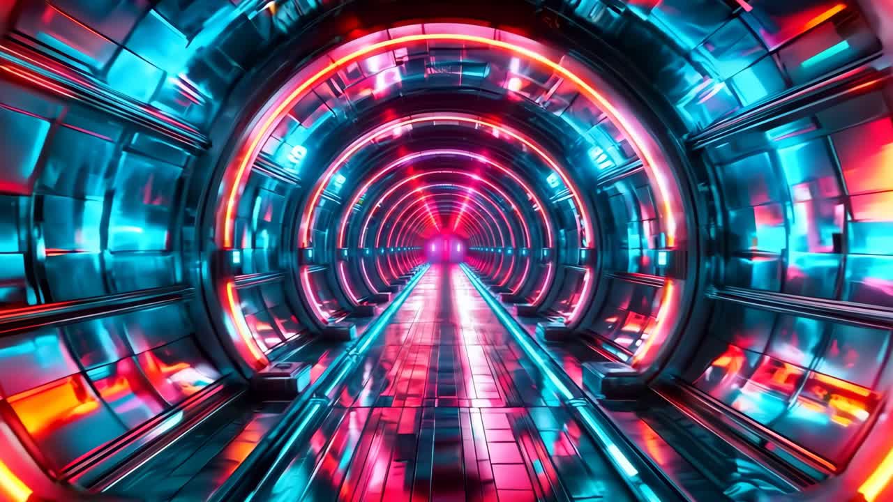 un túnel futurista con luces rojas y azules