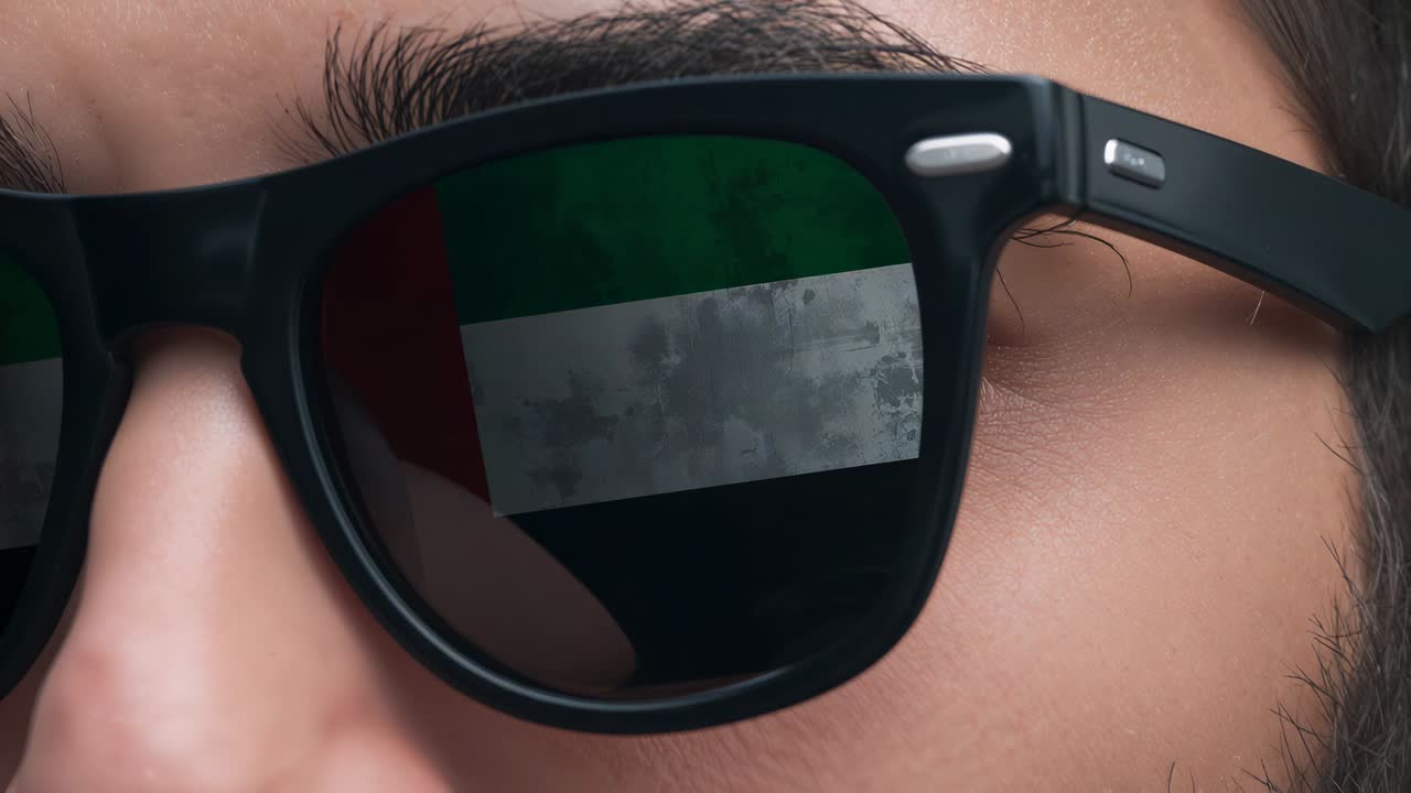 Framing man wearing black framed shades, revealing UAE flag reflecting in right lens studio closeup