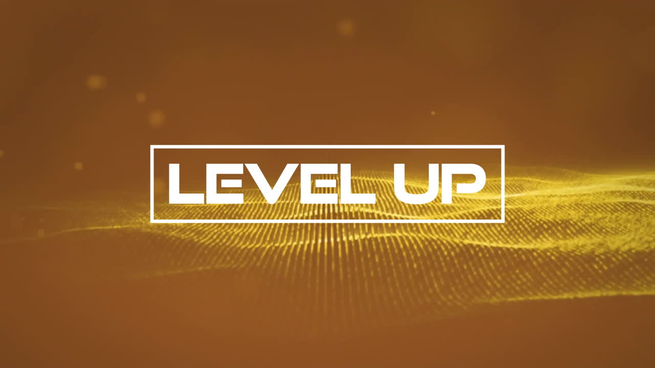 Level up text animation over yellow wave pattern on brown background