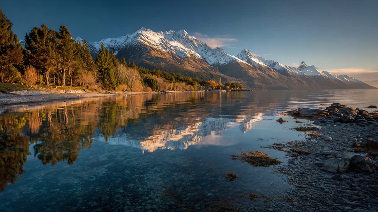 Serene Reflection: A Tranquil Landscape Showcasing Snow-Capped Mountains and a Calm Lake at Dawn, Capturing Nature's Beauty in a Moment of Stillness