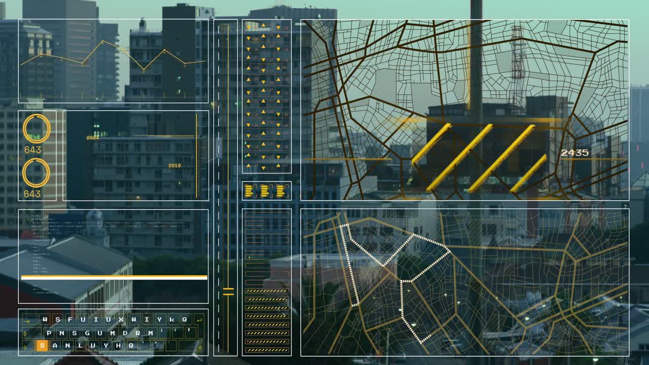 animación de la interfaz con el procesamiento de datos frente a una vista aérea del paisaje urbano