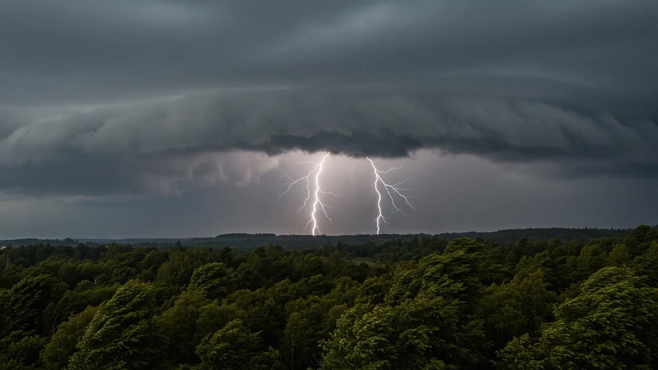 Dramatic Thunderstorm with Striking Lightning Illuminating the Sky Above a Dense Forest Landscape Under Dark Clouds and Turbulent Weather Conditions