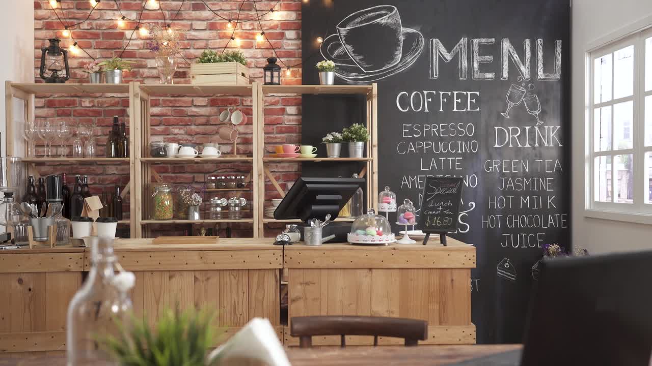 낮에는 비어있는 카페 바 인테리어, 나무 테이블에 노트북 컴퓨터와 배경의 뒷판에 메뉴가있는 소규모 비즈니스 커피에 아무도 없습니다.