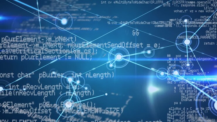 Animation of financial data processing on blue background