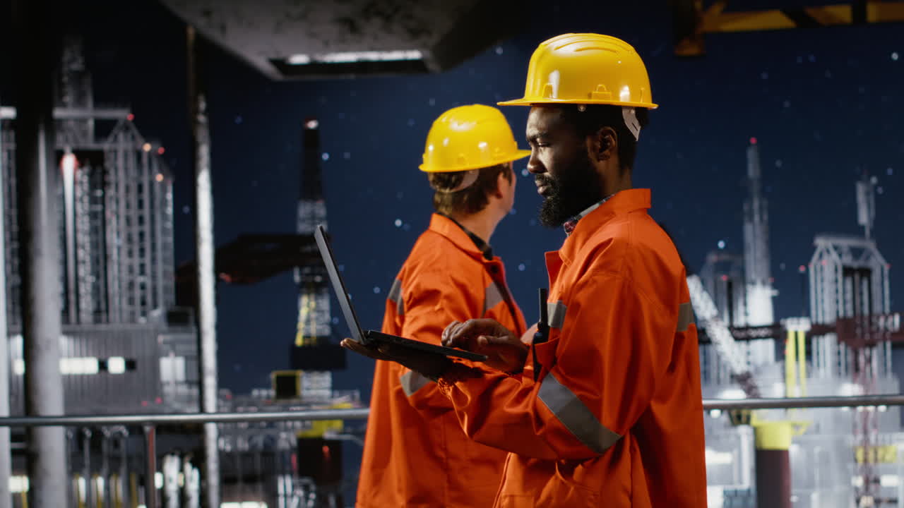 Offshore platform worker evaluating risk assessment reports using laptop