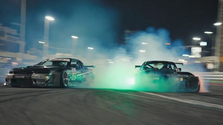 Cars drifting at night