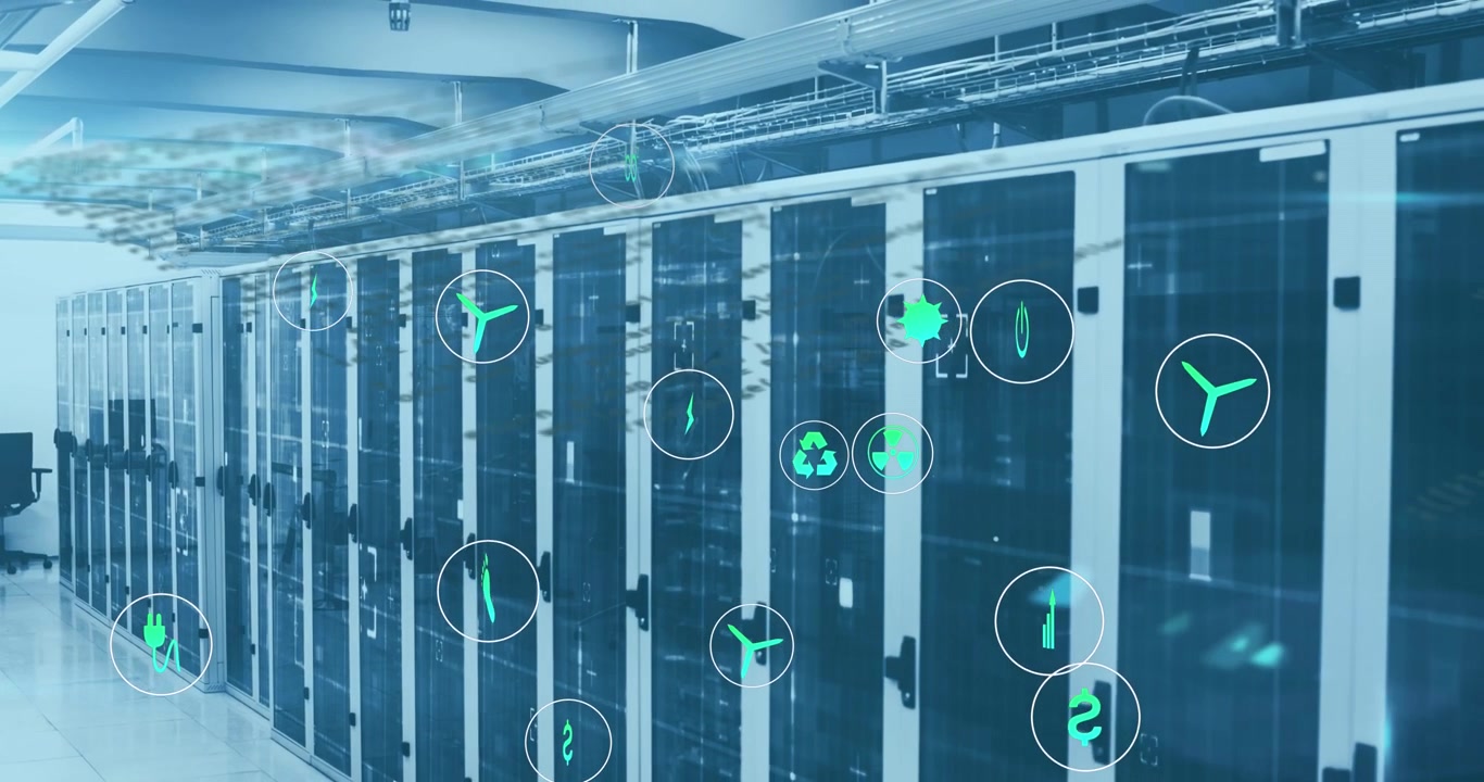 Animation of eco icons and data processing over computer servers