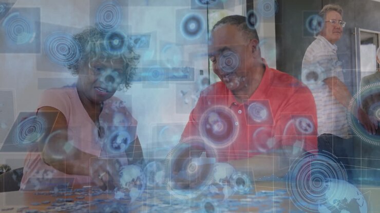 Diverse couple solving puzzle with digital data processing animation overlay