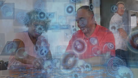 diverse couple solving puzzle with digital data processing animation overlay