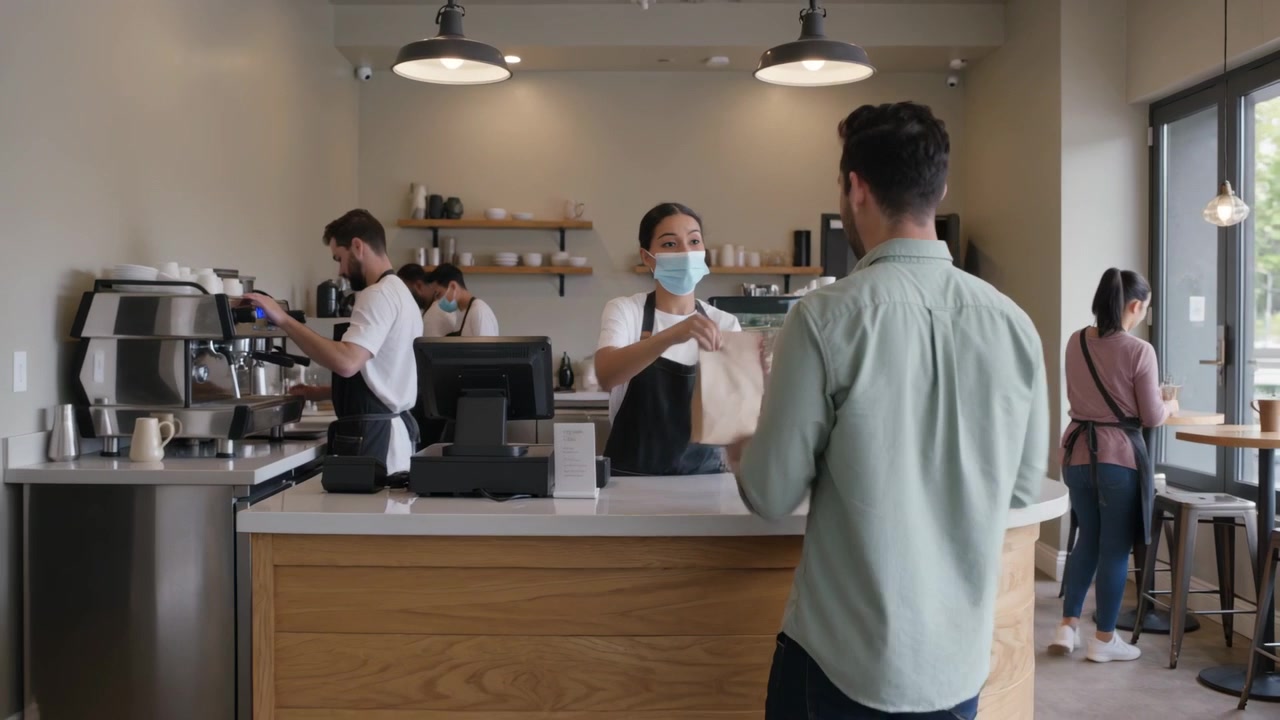 Barista mascherato con grembiule nero che risponde a una notifica di ordine, controlla il telefono e consegna una borsa a un uomo in caffetteria.