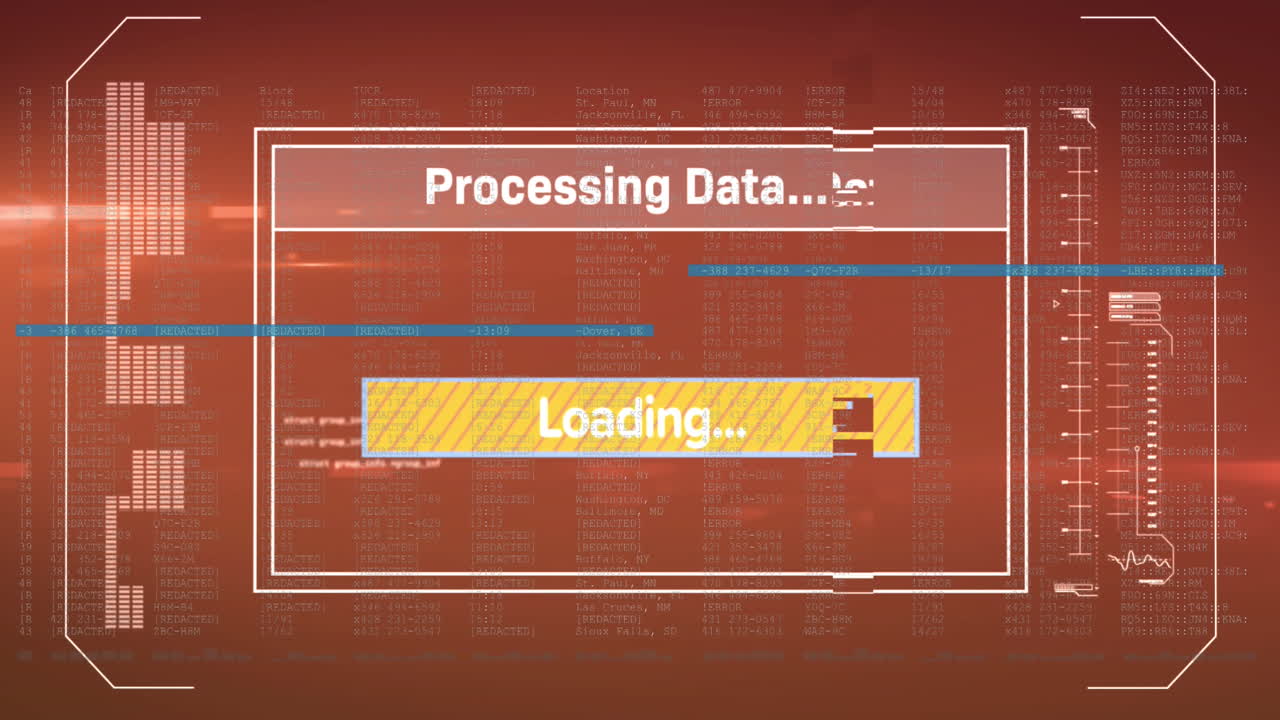 Animation of data processing text overscreen and dark background
