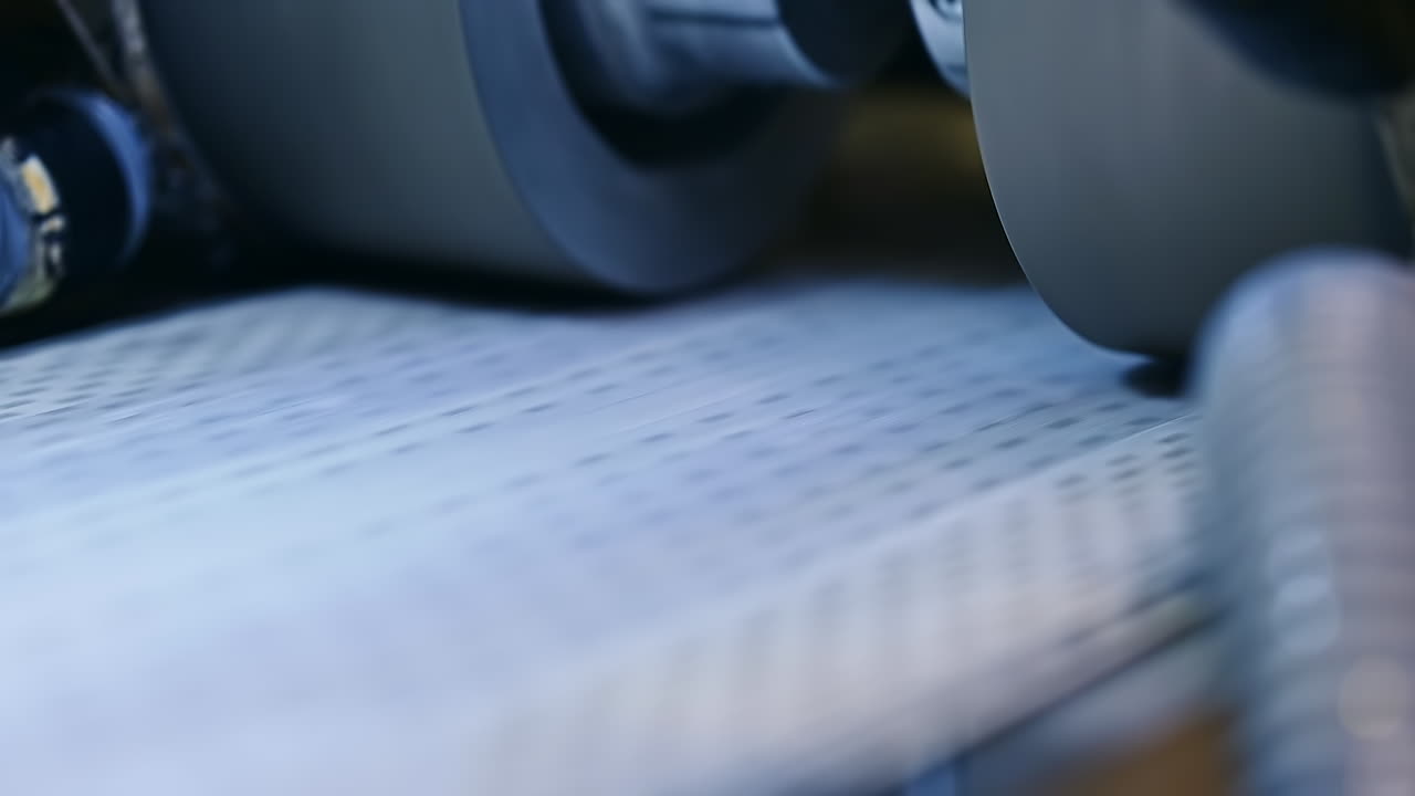 White non-woven cloth moving rapidly under the large roller. Fast conveyor belt at the diaper factory. Close up.