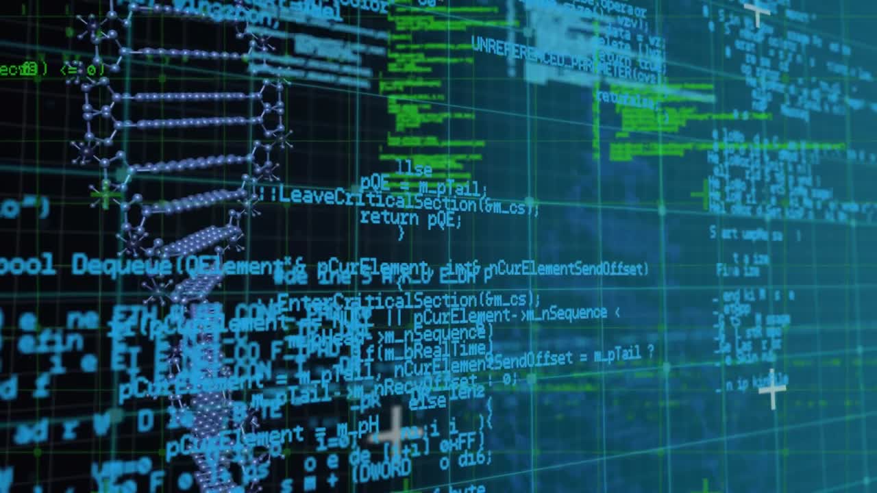 animación del hilado de cadenas de adn en 3d y procesamiento de datos científicos sobre la cuadrícula en el fondo