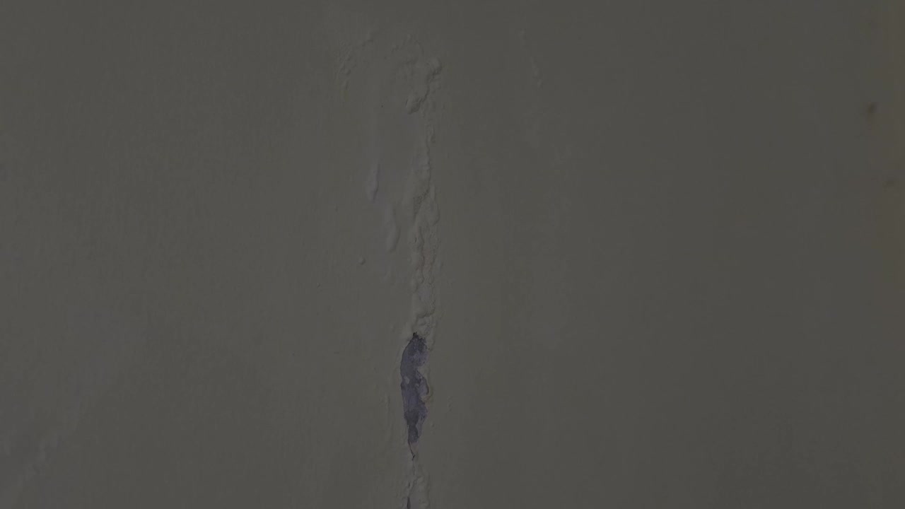 Tilts down to reveal a long, vertical crack with bubbling, peeling paint and mold running down the surface of an interior household wall