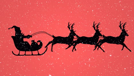 snow falling over santa claus in sleigh being pulled by reindeers against orange background