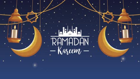 ramadan kareem lettering with golden lanterns and moons