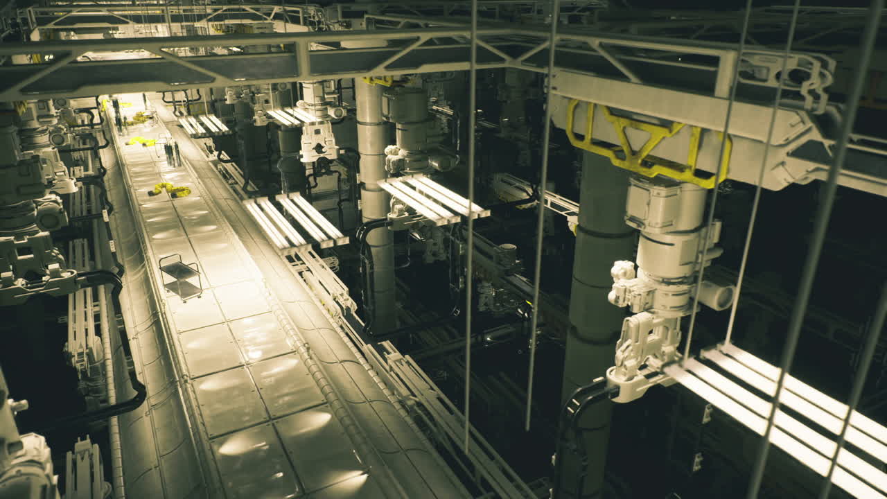 Sunshinefilled factory street showcasing assembly lines and reflective metals