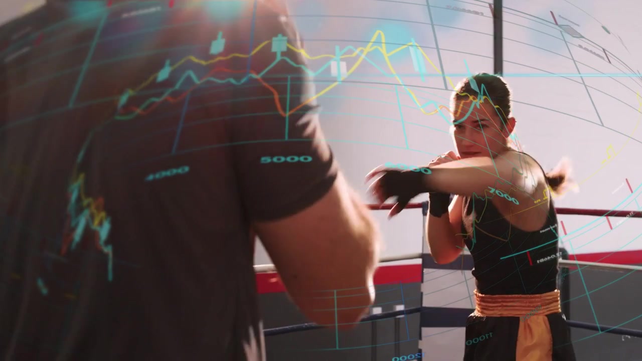 Female boxer stepping in, throwing jabs and rights for boxing drill; coach guarding, data graphs