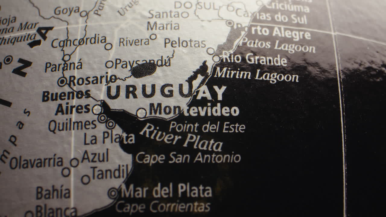 Close-up of Uruguay and surrounding countries on a globe map