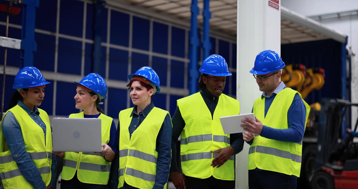 Diverse Team of Industrial Workers Discussing Project in Warehouse