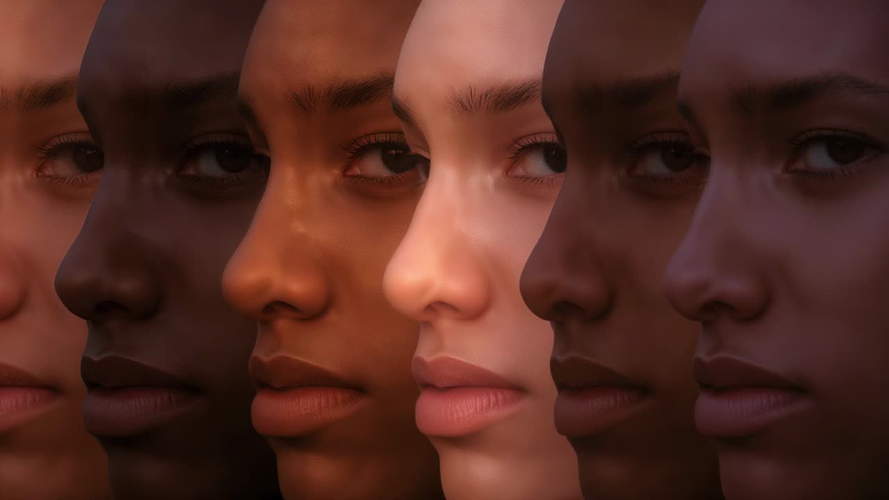 Playing back five layered women's faces sliding in studio, warm light revealing central face