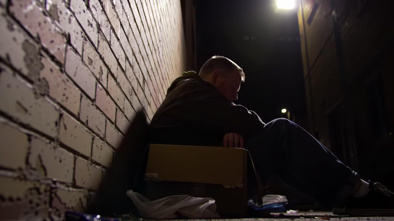 A Reflective Moment in the Shadows: Capturing the Solitude and Struggles of an Individual Seeking Shelter in an Urban Alleyway at Night