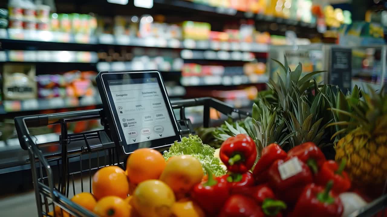 A shopping cart full of fresh produce in a grocery store