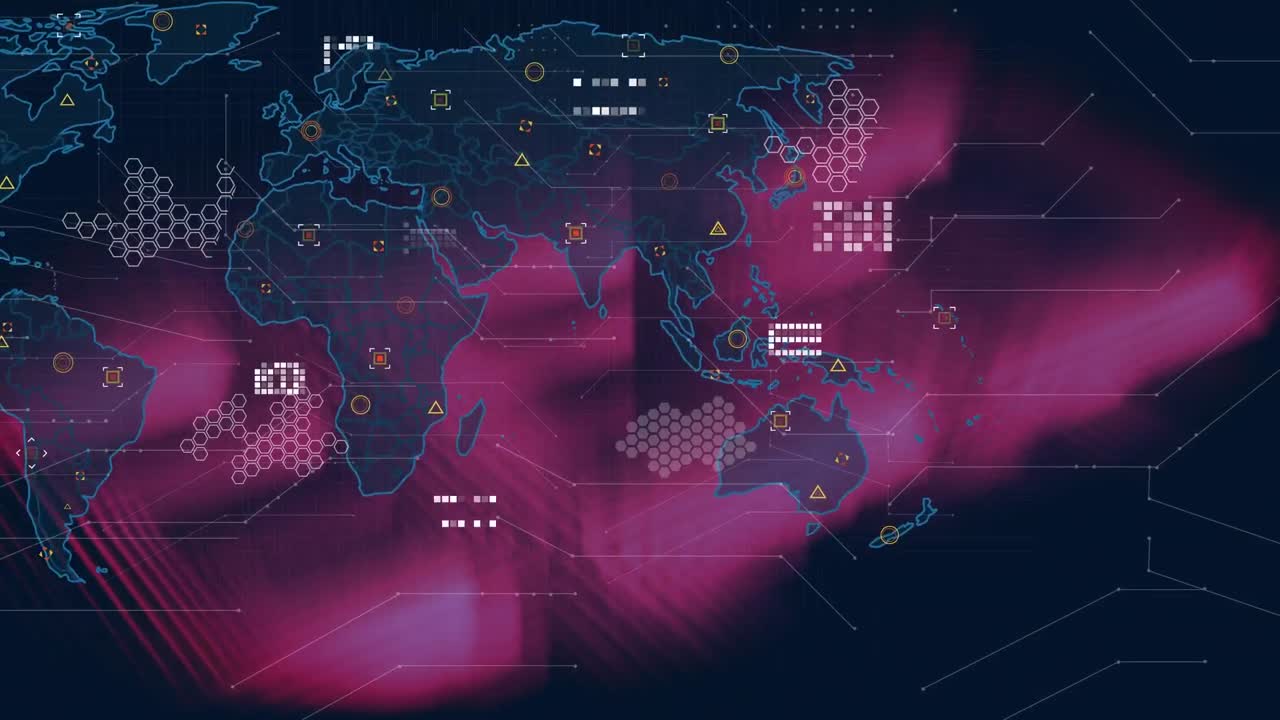 어두운 배경에 데이터 처리를 가진 세계 지도의 애니메이션