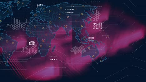 animation of world map with data processing on dark background