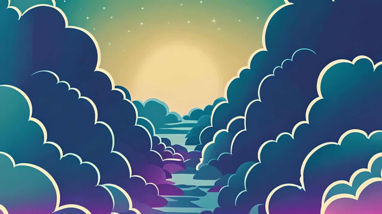 Sun rising behind clouds, colorful sky animation with stars