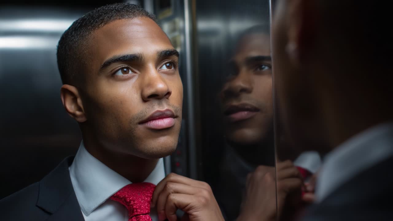 A well-dressed man with a focused expression looks into a reflective elevator mirror, adjusting his tie, showcasing a blend of confidence and contemplation as he prepares for an important engagement or meeting