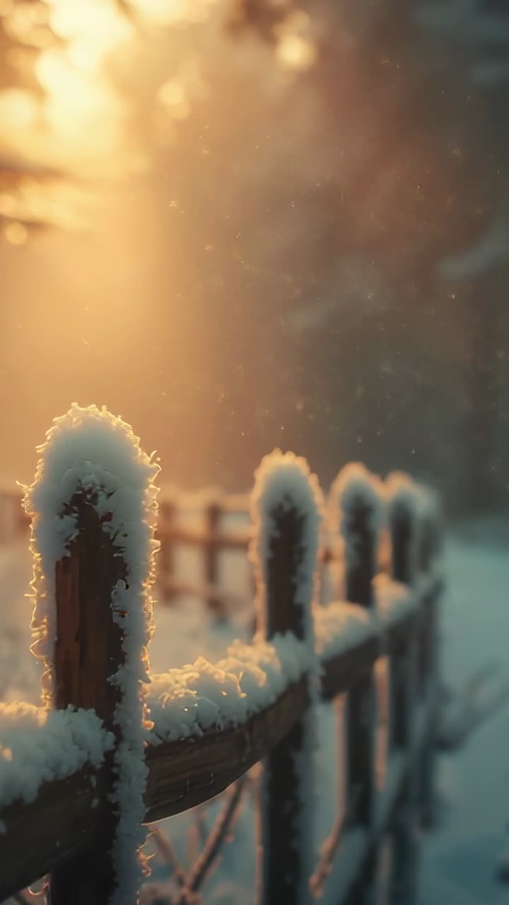 Vertical video: Gliding camera along snowy fence in forest, reacting to streaming sunlight
